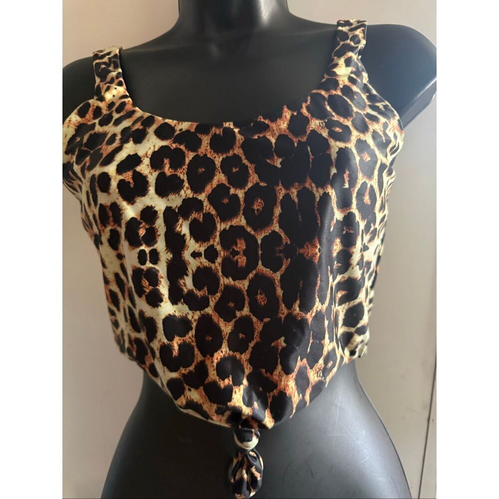 ZAFUL Women's Scoop Neck Knotted Leopard Print Crop Tank Top Black Tan Size 6